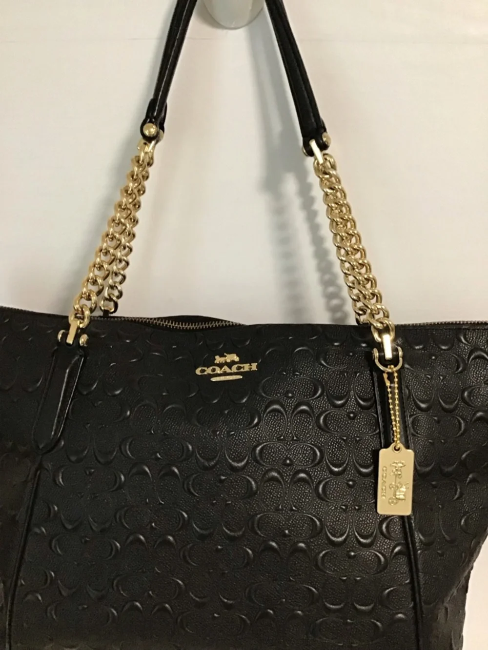 Coach Ava Chain Tote in Signature Embossed Leather Black EUC